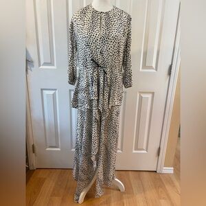 Maje Black and Cream Long Sleeve Dress with Tie Waist Size M